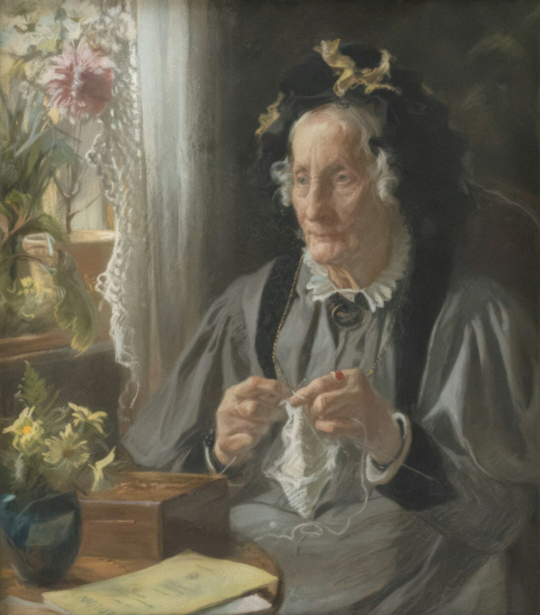 elderly woman knitting