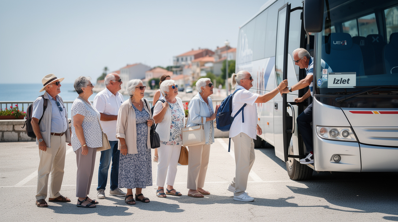 Seniors on a group bus trip excursion