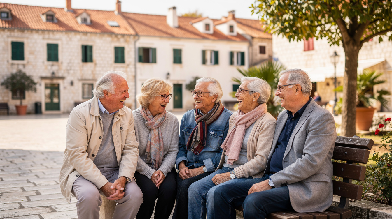 Group of elderly Croatian people laughing together outdoors