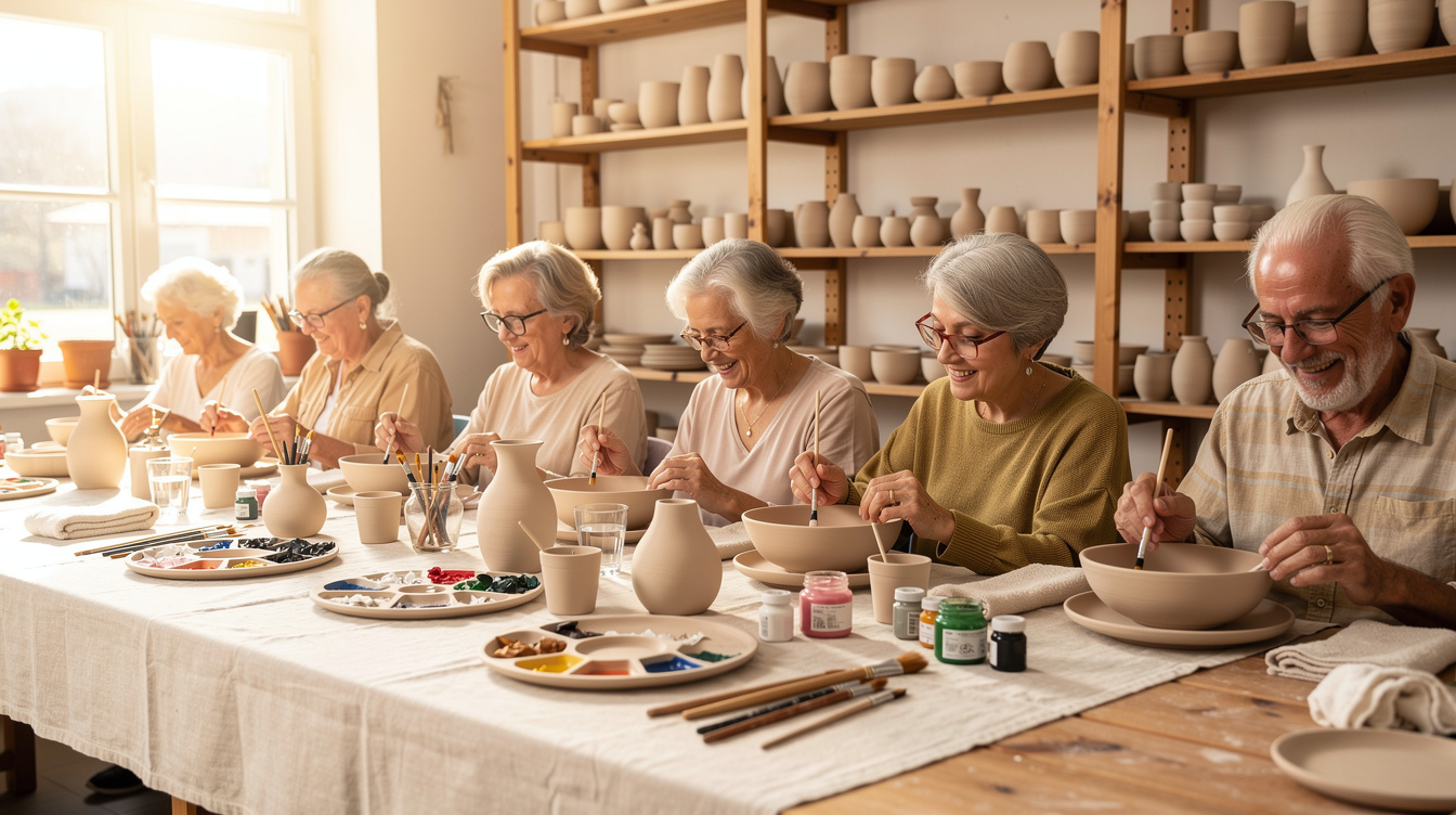 Seniors painting ceramics together in a workshop