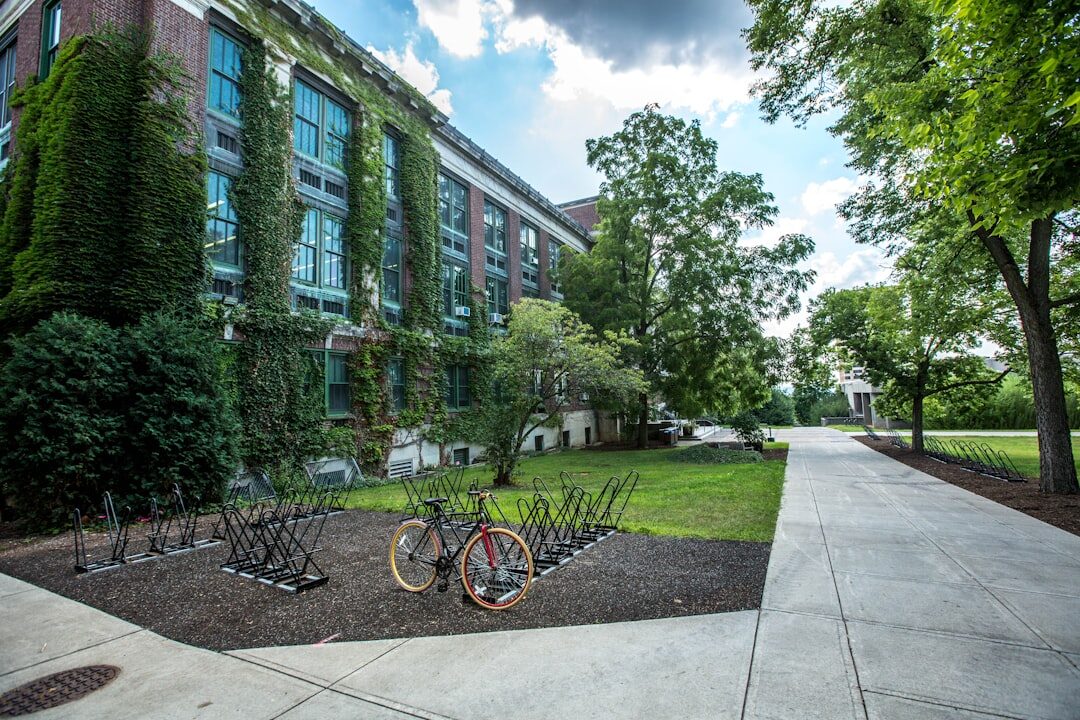 Community center building exterior with garden